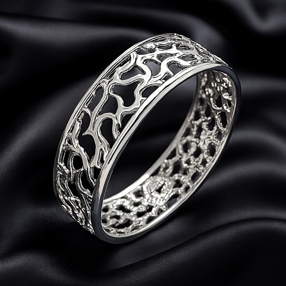 Silver Wide Openwork Filigree Bangle Bracelet Elegant Statement Fashion Jewelry